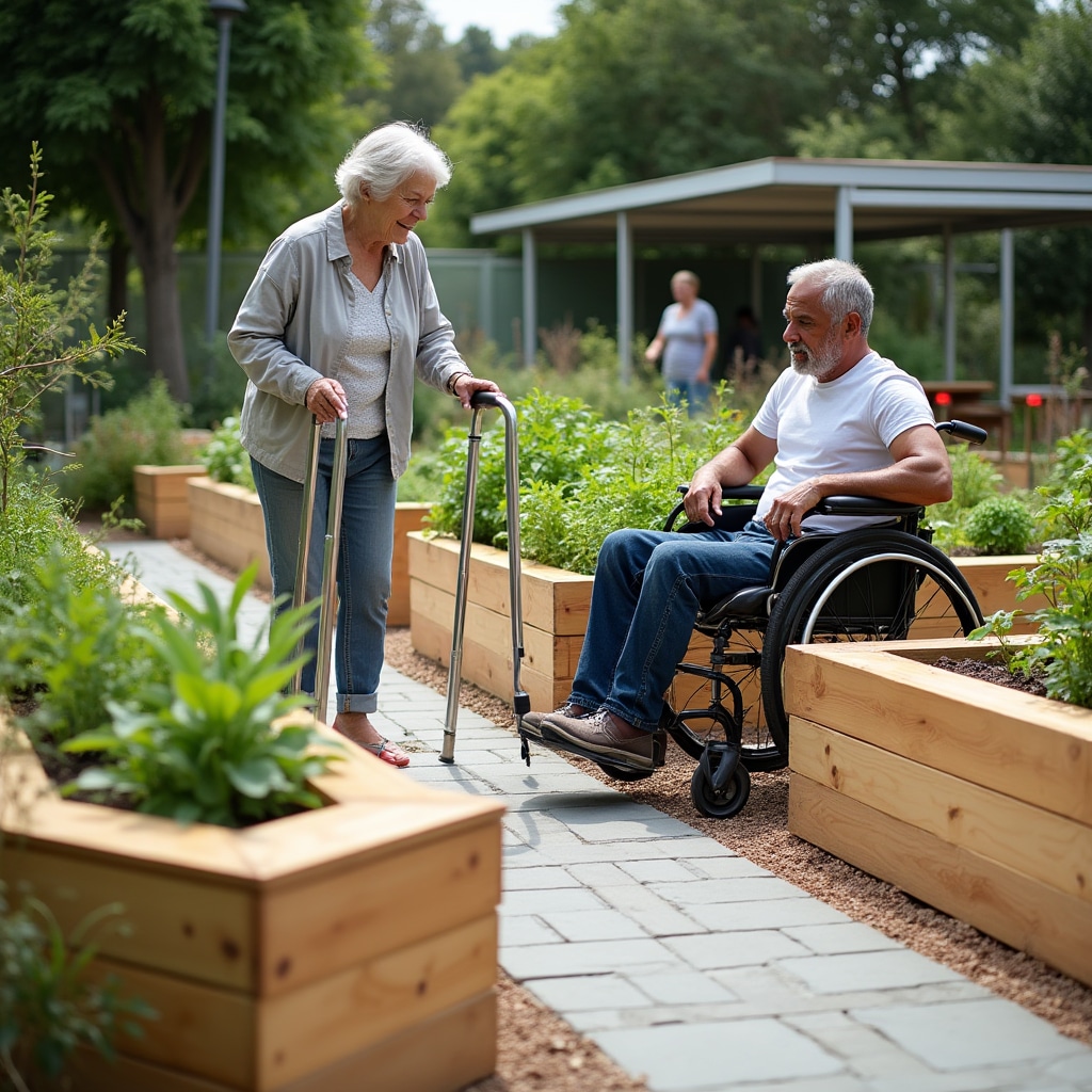 Accessible raised garden beds with wide pathways
