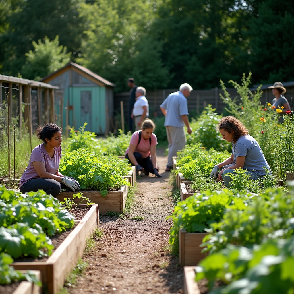 Community garden with raised beds and pathways