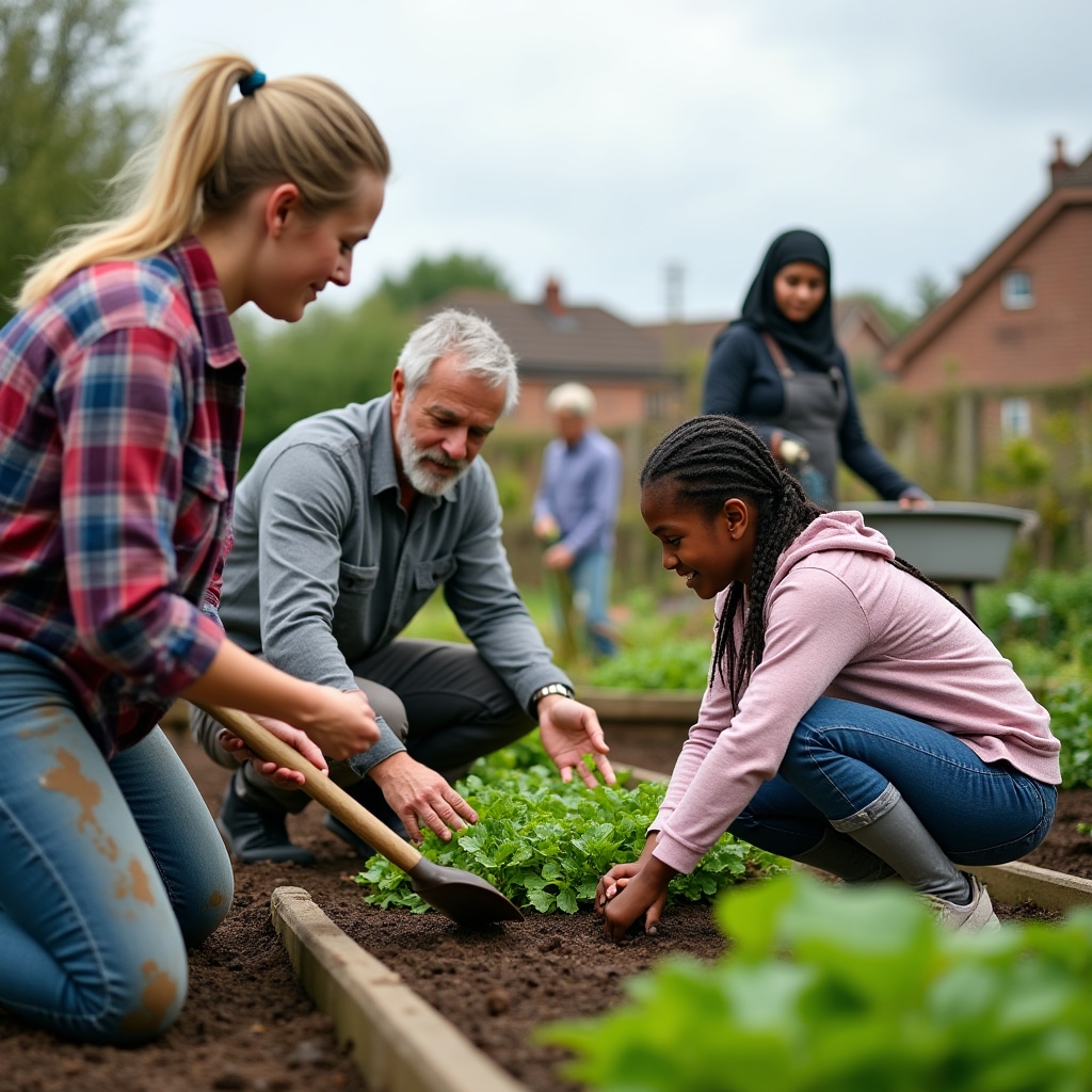 Diverse community members working together in garden