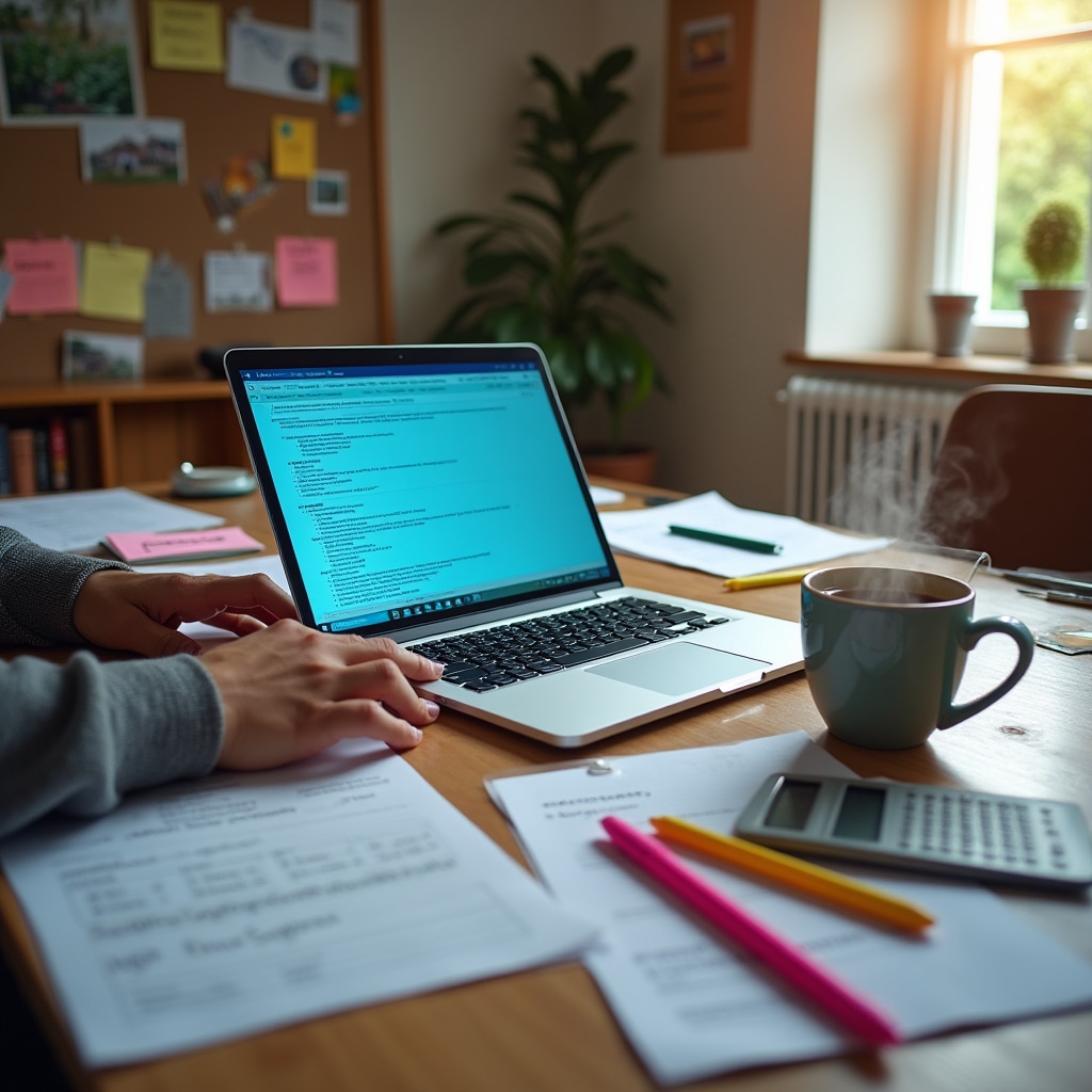 Workspace with grant application documents and laptop