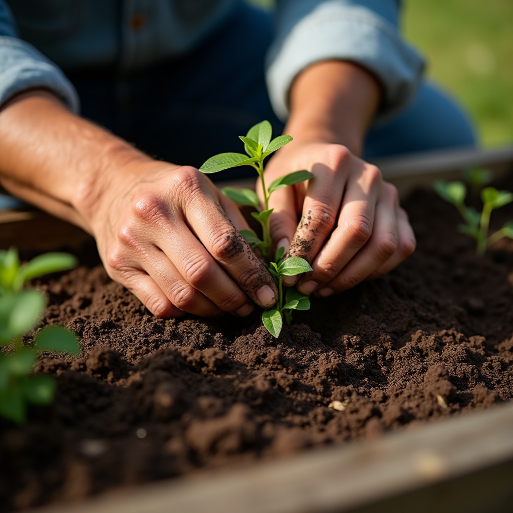 Hands planting seedlings in rich soil