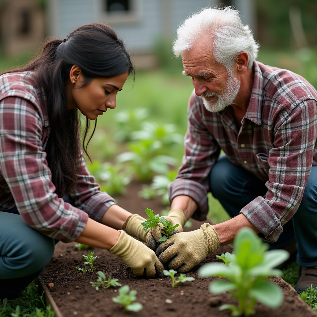 Experienced gardener teaching planting techniques to learner